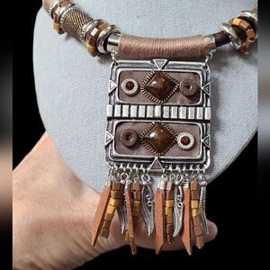 PARIS Necklace Ethnic Tribal Statement‎ Solid Reversible Brown & Silver …